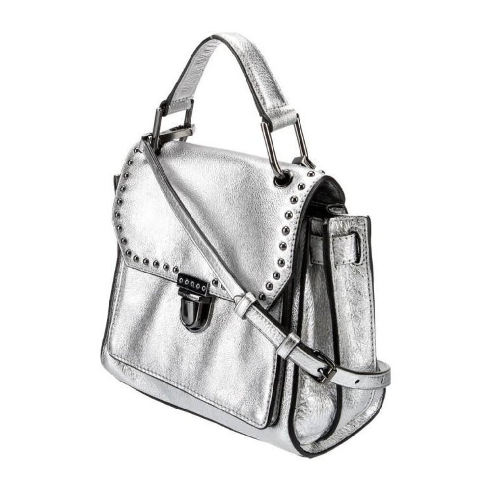 Rebecca Minkoff Metallic Silver Leather Crossbody Bag Studded Push-Lock Purse - Picture 2 of 5